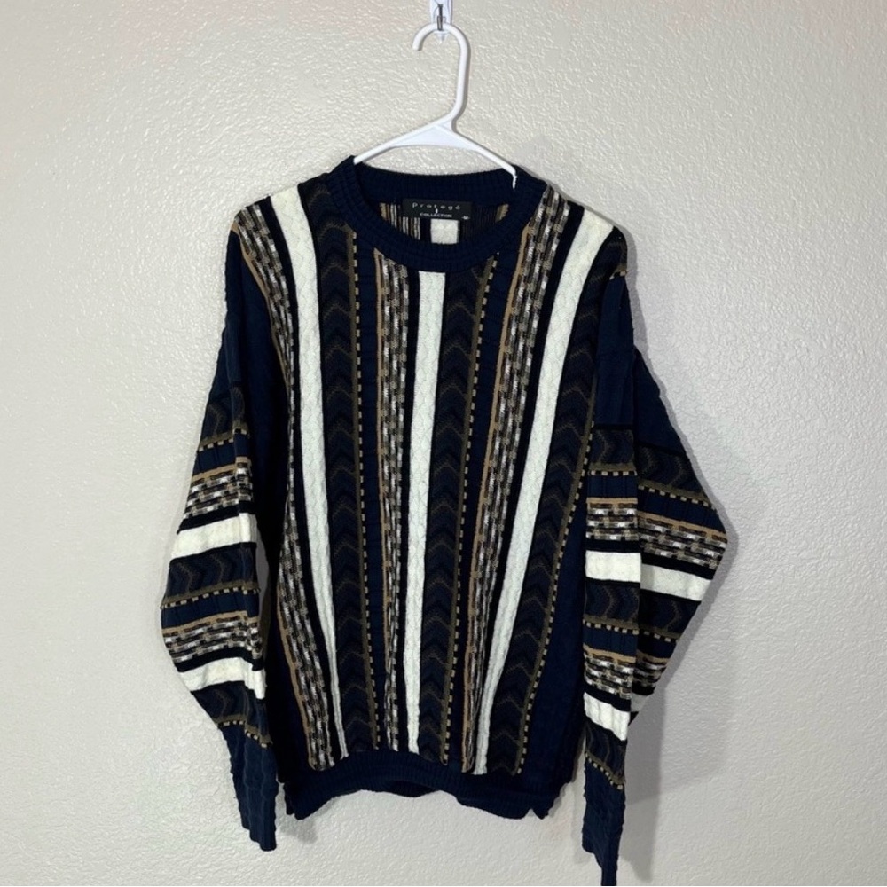 Vintage 90s Protege Sweater Mens M Navy Multicolor Coogie Style Sweater Pullover
